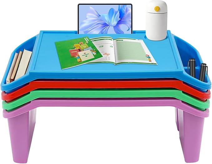 4 Pcs Kids Lap Desk Tray, Plastic Breakfast Laptop Trays, Portable Lap Bed Table with Side Pockets (22" x 12" x 8")