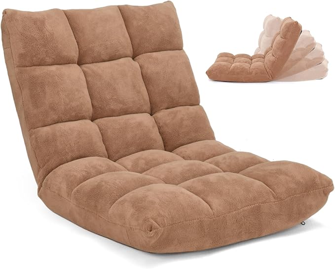 Floor Chair with Back Support, Foldling Gaming Sofa Chair with Comfy Cushion, Adjustable 14-Position Meditation Chairs, Lazy Lounge Recliner Reading Seat for Adults, Kids (Tan)