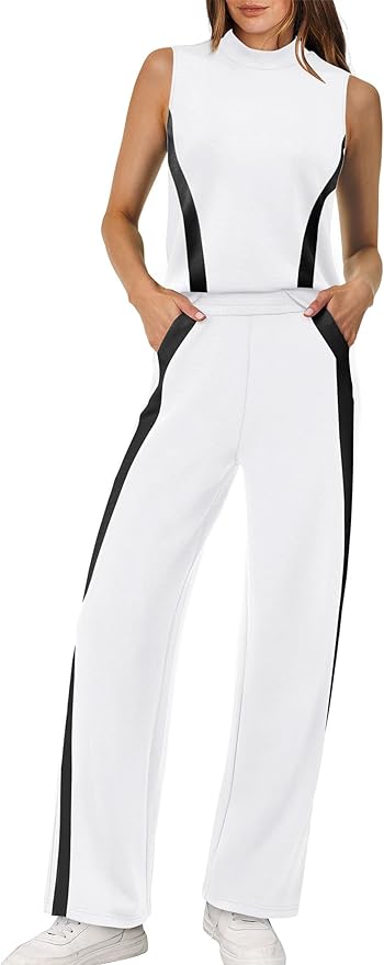 XIEERDUO Two Piece Sets for Women Summer Outfits Travel Mock Neck Lounge Sets Wide Leg Pants Beach Vacation Clothes