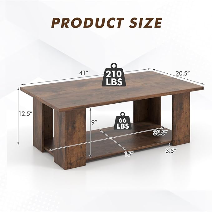 Tangkula 2-Tier Coffee Table, Modern Rectangular Center Cocktail Table with 5 Support Legs, Wooden Accent Living Room Furniture, Small Coffee Table for Small Spaces, Easy Assembly (Rustic Brown)