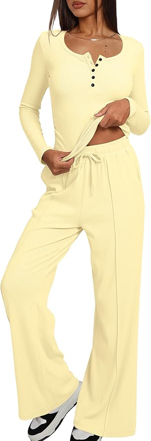 Darong Womens 2 Piece Matching Lounge Sets 2026 Long Sleeve Henley Shirts Wide Leg Pants Airport Travel Outfits