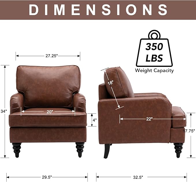 chairus Mid Century Modern Faux Leather Accent Chair, Vintage Club Armchair with Firm Supportive Seat & Soft Backrest, Comfy Single Sofa Reading Chair for Living Room Bedroom Apartment, Brown PU