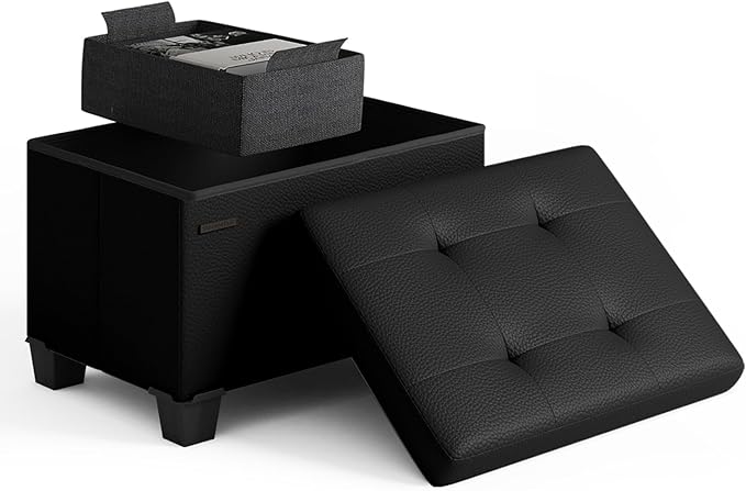Storage Ottoman Cube with Small Bin, 16-in Square Ottoman with Storage for Living Room and Bedroom, Small Ottomans Foot Rest, Faux Leather Foot Stools Ottomans Max 330lbs, Black