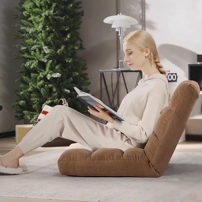 Floor Chair, 24 inches Wide Oversized Velvet Armless Lay Flat Floor seat Padded Meditation Chair with 6 Adjustable Position Ergonomic Comfortable Convenient(LRSF-006-TAN)