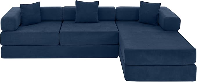 108" Convertible Sleeper Sofa Bed, Corduroy Folding Sofa Bed with Fixed-Shape Frame, Fold Out Floor Mattress Couch, Lazy Compression Sofas for Living Room, Bedroom, No Assembly Required,Blue