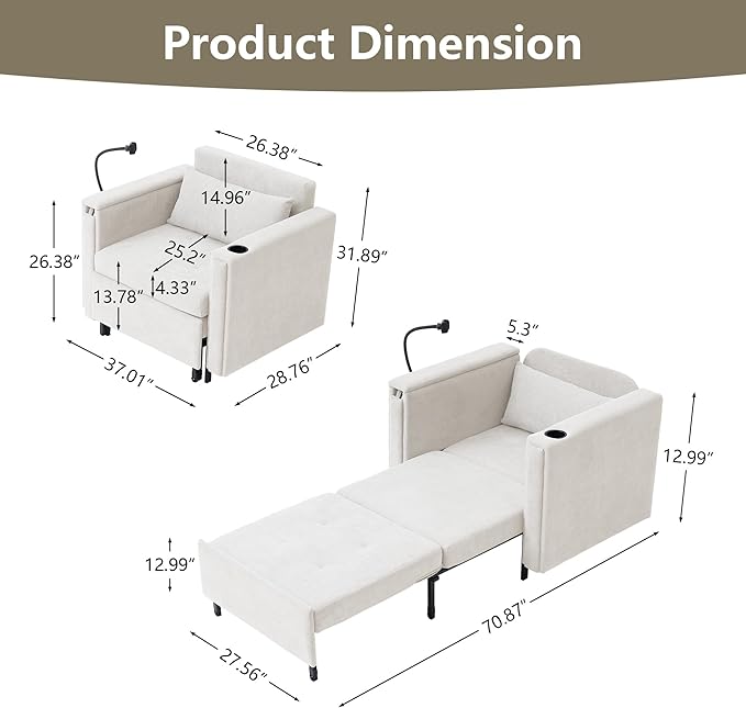 ORRD Pull Out Sofa Chair Bed, 2-in-1 Multi-Functional Sleeper Couch Small Loveseat Bed with Hidden Side Table, Phone Holder and Cup Holder for Living Room, Small Space, Apartment (White)
