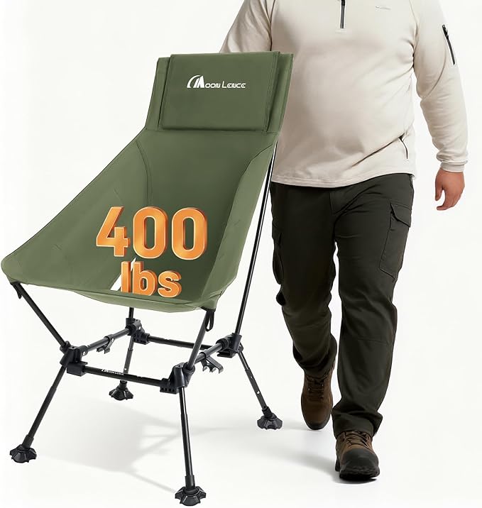 MOON LENCE Oversized High Back Camping Chair for Adults, Height Adjustable Folding Camping Chair with 400 lbs Capacity, Hidden Pillow Pocket and Wide Seat for Camping, Hiking, Picnics, Green