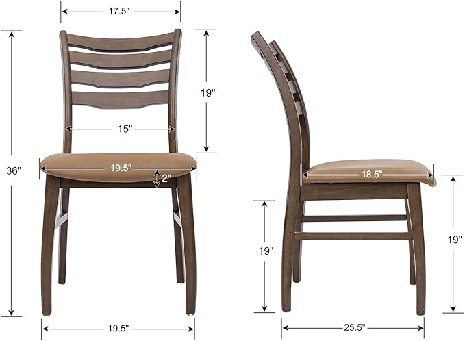 HNY Modern Farmhouse Dining Chairs Set of 2, Brown Leather Upholstered Seat Kitchen Chairs, Rustic Industrial Armless Side Chairs with Walnut Wooden Frame for Dining Living Room Restaurant