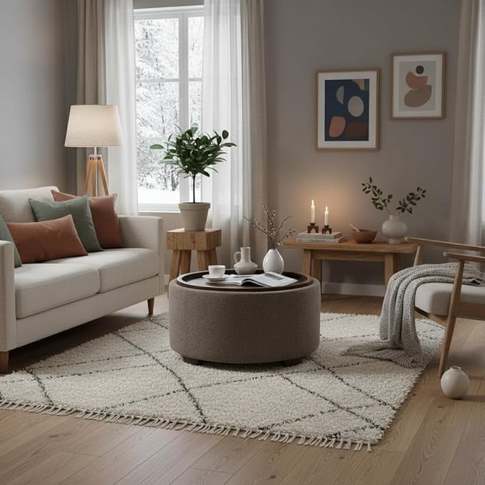 30 Inch Round Storage Ottoman Coffee Table, Modern Boucle Ottoman with Lift-Off Lid and Solid Wood Legs for Living Room, Bedroom, Corners, Apartments (Brown)