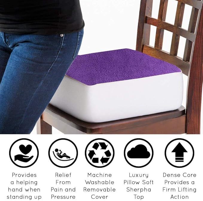 Comfort Finds Rise with Ease Seat Cushion - Thick Firm Chair Cushion Booster - Extra Thick Foam Pad for Home, Patio, Office and Car Seats - Extra Supportive Lift - 14 X 14 X 5 (Purple Fleece)