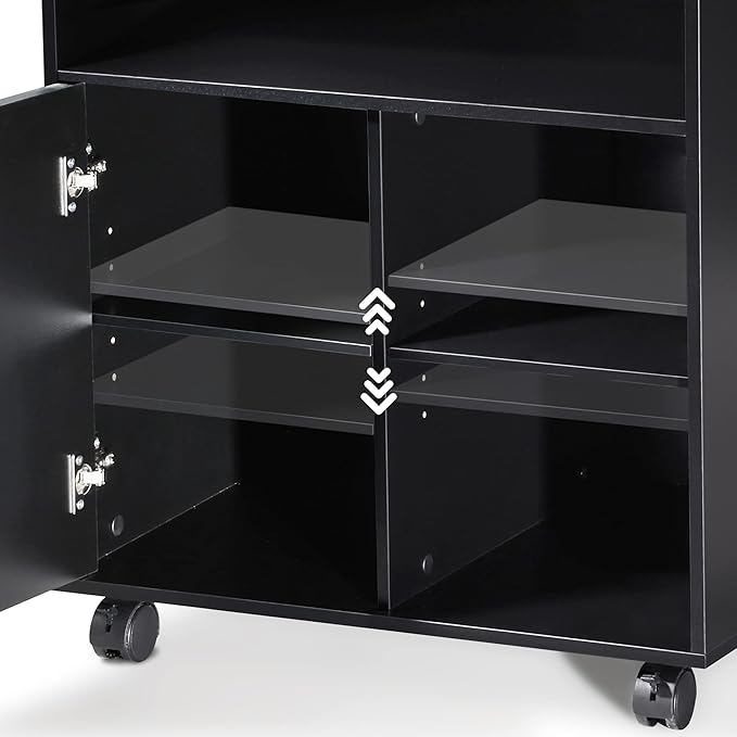 FITUEYES Printer Stand with Storage Adjustable Shelves, Wood Mobile Cart with Door, Rolling File Cabinet on Wheels for Home Office, Black, PS406001WB