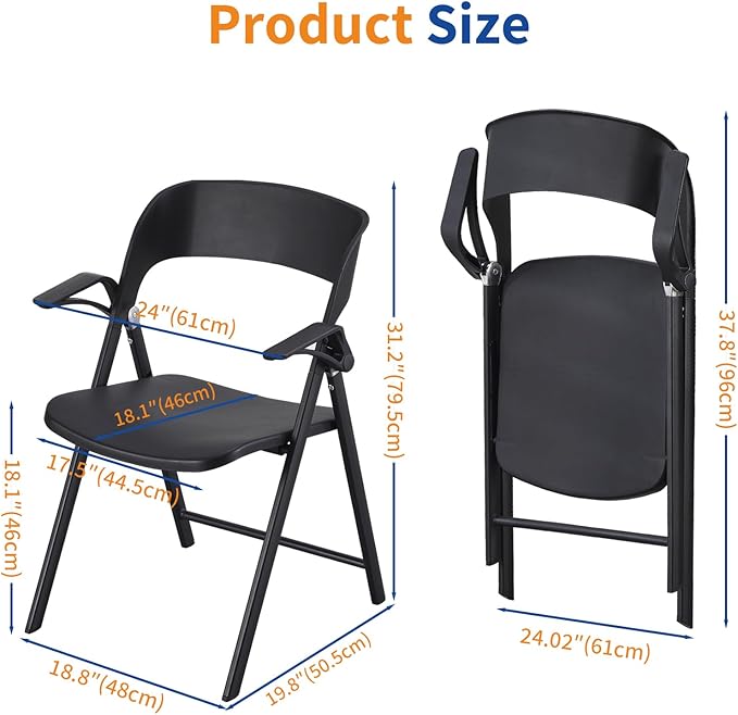 Folding Office Chair, Plastic Folding Chairs with Detachable Armrest, Stackable Dining Chairs, Portable Foldable Chair for Indoor, Outdoor, Wedding, Party, Picnic, Yard, Garden (Black, 2Pack)
