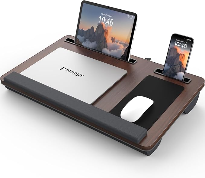 Lap Desk - Up to 17” Laptop Tray with Wrist Rest, Portable Handle, Fixed Mouse Pad, Tablet & Phone Slots, Laptop Lap Desk with Cushion (Dark Brown)