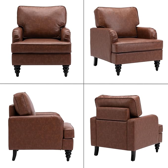 chairus Mid Century Modern Faux Leather Accent Chair, Vintage Club Armchair with Firm Supportive Seat & Soft Backrest, Comfy Single Sofa Reading Chair for Living Room Bedroom Apartment, Brown PU