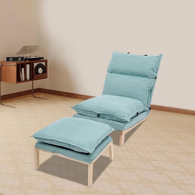 Single Lazy Leisure Chair, Adjustable Recliner Balcony Reclining Japanese Tatami Chair with Ottoman, Floor Seating Lounge Chair with Backrest and Footrest, Upholstered Chair for Living Bedroom (Green)