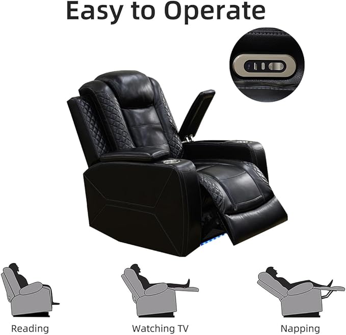 Toseslo Living Room Furniture Sets,Power Recliner Sofa Set with LED Light,Black Leather Sofa and 2 Chairs Set,Modern Power Reclining Sets with Cup Holder/Storage Console for House