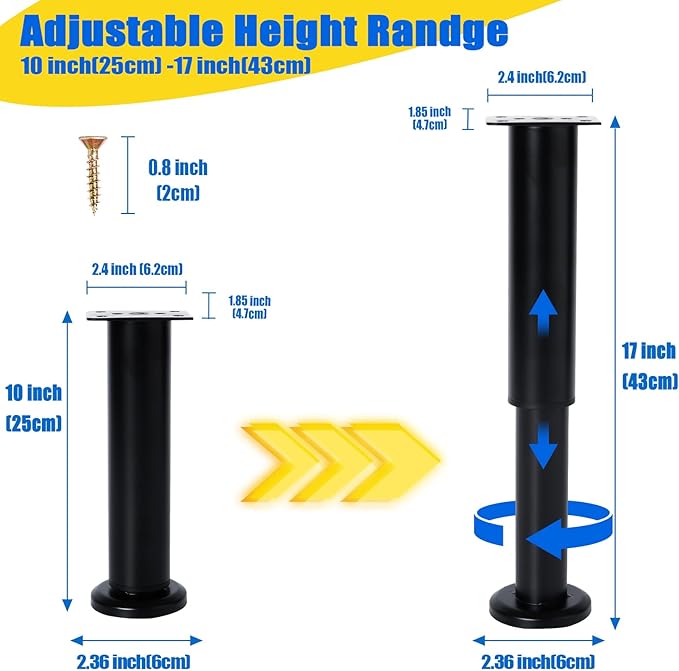 Olldag 4 Pcs Adjustable Height Bed Support Furniture Legs [with Screws] for Bed Frame,Metal Adjustable 10-17inch for Bed/Sofa/Cabinet/Couch/Dresser/Table -Heavy Bed Replacement Legs (Black)