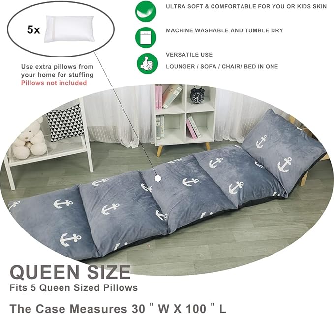 ICOPUCA Floor Lounger Pillow casing for boy Girl, Soft Minky Plush, Anchor Print, Cover/Sleeve Only! Perfect Reading and Watching TV Cushion - Excellent for Sleepovers, Queen Size;