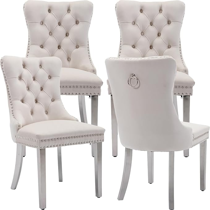 YeahFurn Mid Century Modern Dining Chairs Set of 4, Beige Velvet Upholstered Tufted Back, Kitchen & Dining Room Chairs, Brushed Silver Metal Legs, Nailhead Trim, Sillas para Comedor (Beige, 4 Pcs)