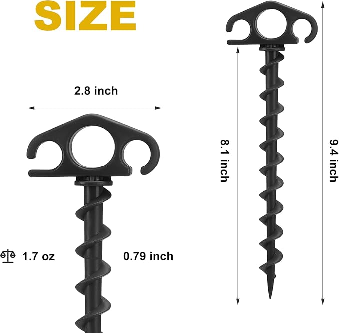 COBARYEN Tent Stakes Ground Anchors Screw in, 6 Pack Sand Stakes for Beach 9.4 Inch Heavy Duty Spiral Tent Pegs for Camping, Party, Hiking, Outdoor Decoration (6, Black)