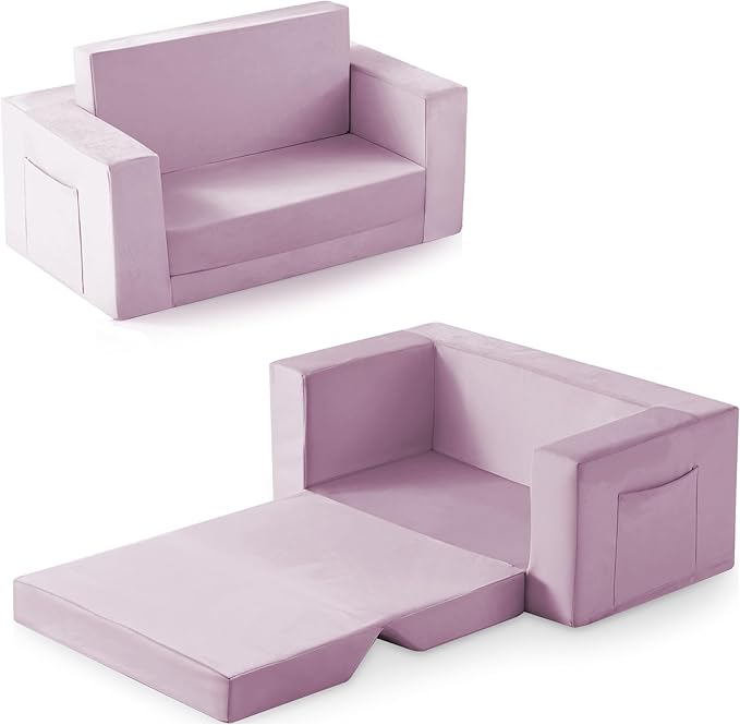 Kids Couch, 2-in-1 Toddler Chair Comfy 1-3 Years, Convertible Kids Chair, Toddler Couch That Fold Out, Kid Lounge Chairs for Boys and Girls, Soft Coral Fleece, Double, Purple