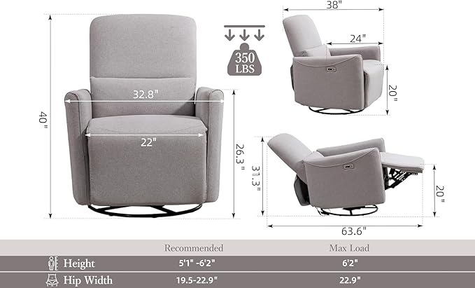 Power Swivel Recliner Chair, Upholstered Fabric Glider Electric Rocking Chair for Adults. Nursery Rocker Single Sofa with Lumbar Support for Living Room. Dual-Port Charging: Type-C&USB, Grey