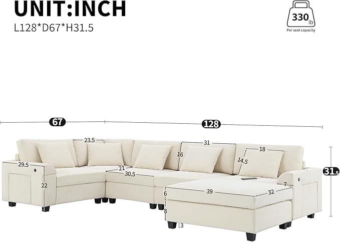 Furnimart 128" U Shaped Sectional Sofa, 5 Seat Chenille Couch Set with Oversized Chaise Lounge, Hidden Armrest Storage and Cup Holders, USB Charging Ports, Deep Seat Sofa for Living Room, Beige