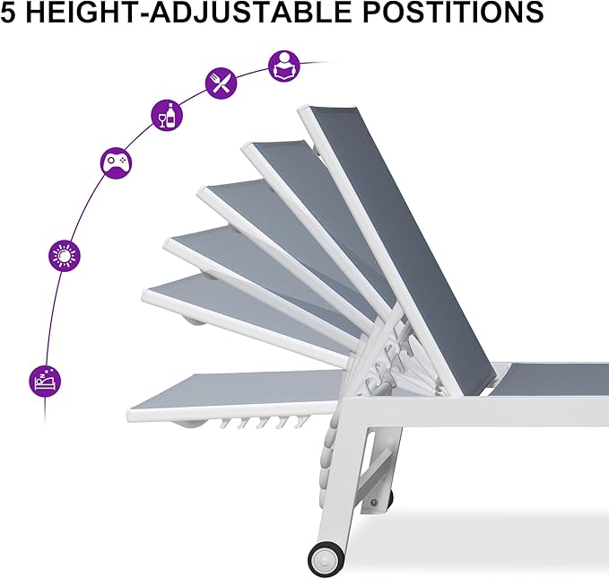PURPLE LEAF Oversize Chaise Lounge Chair Outdoor 2 Pieces White Aluminum Lounge Chair with Wheels and Table for Pool Deck Patio, Indigo