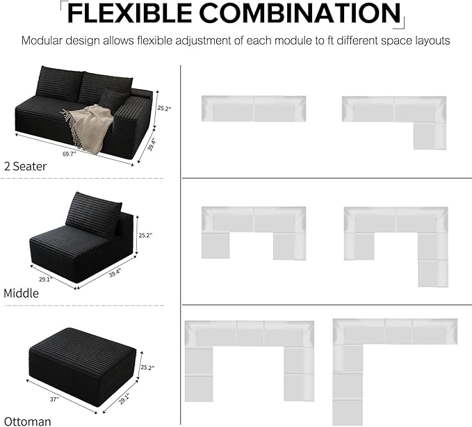 168.5" Modular Sectional Sofa, Oversized U-Shaped Minimalist Couches with 3 Middle Seats Chaise, Modern Deep Seat Convertible Sleeper Sofa, Cloud Plush Corduroy Fabric,7 Seater, Black
