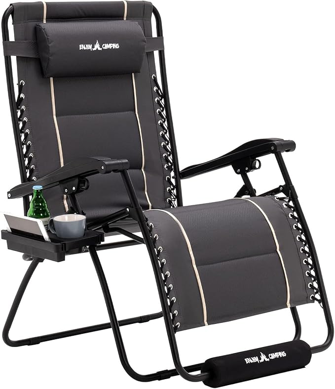 Amopatio Zero Oversized Padded Gravity Chairs with Cup Holder, 33" Wide Folding Reclining Lounge Chair with Footrest & Headrest for Indoor Outdoor Camping, Support 500LBS