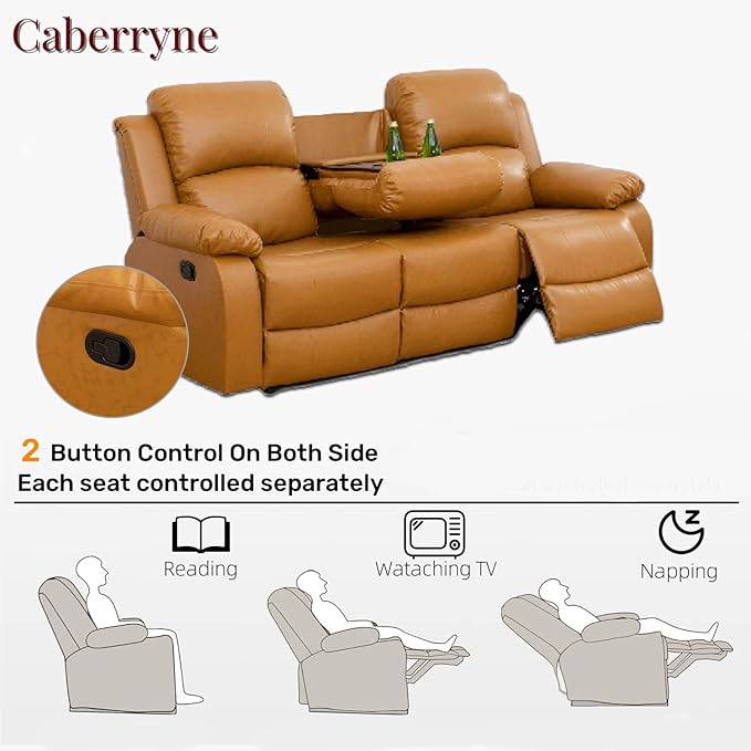 Caberryne Leather Recliner Sofa，Reclining Sofa for Living Room Furniture Sets，Ginger Wall Hugger Recliner Couch with Cupholder for Living Room/Office/Theater Seating(3 Seater Sofa)