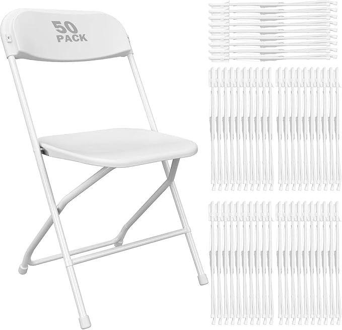 50 Pack White Plastic Folding Chair, Indoor Outdoor Portable Stackable Commercial Seat with Steel Frame 350lb. Capacity for Events Office Wedding Party Picnic Kitchen Dining
