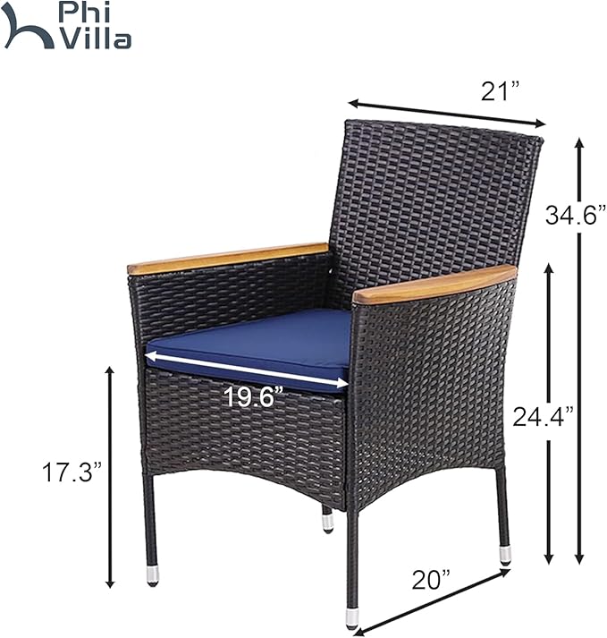 PHI VILLA 35" Rattan Patio Dining Chairs, Outdoor Furniture Wicker Dining Chairs with Removable Cushions Perfect for Backyard, Bistro, Garden, 2pcs, Black