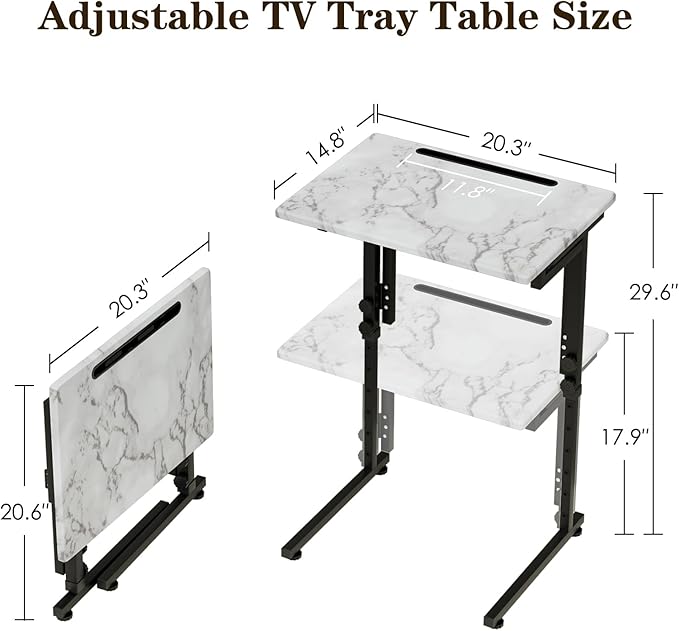 Fleecy day TV Tray, Folding TV Dinner Table, Adjustable Small C-Shaped End Tray for Eating, Foldable Slide Under Couch Side Table for Recliner, Living Room, Bedroom,No Assembly Required(White Marble)