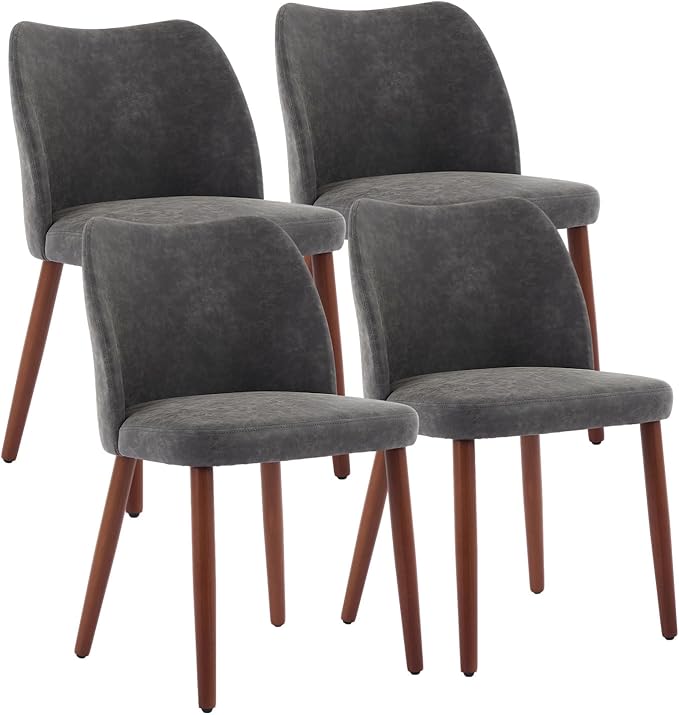 ElfinAura Dining Chair Set of 4, Leather Upholstered Dining Chair with Wood Legs, Wing Backrest, Wooden Kitchen Chair, Kitchen Chairs with Thick Cushions for Dining Room, Living Room, Dark Grey