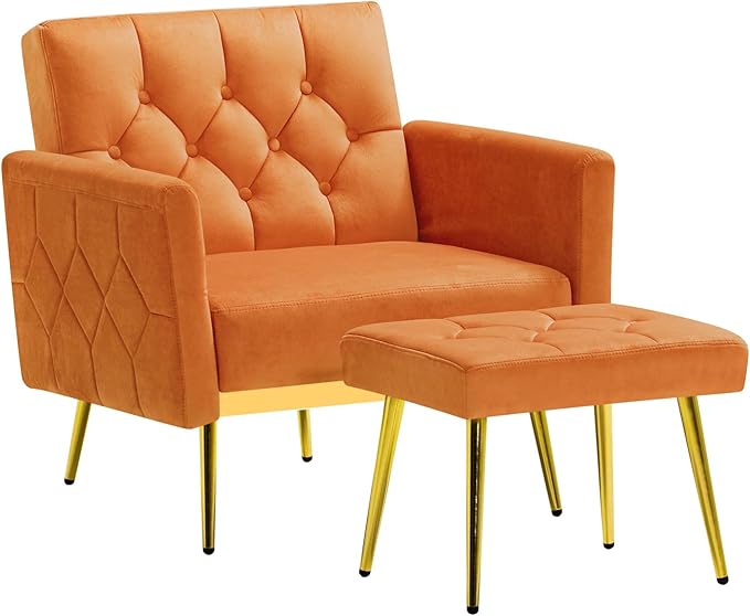 ACMEASE Velvet Accent Chair w/Adjustable Armrests and Backrests, Tufted Single Sofa with Ottoman, Upholstered Reading Chiar for Living Room, Apartment, Bedroom, Orange