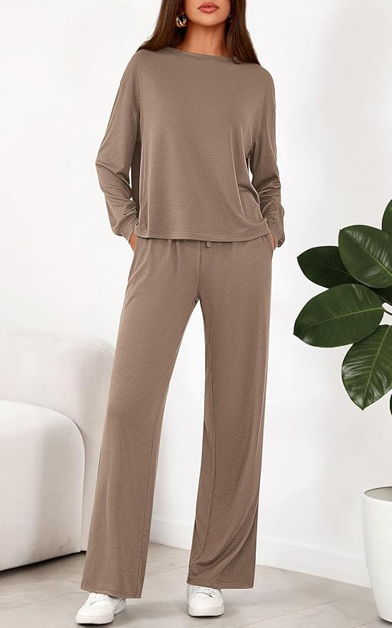 PRETTYGARDEN Womens 2 Pieces Lounge Sets Crewneck Long Sleeve Wide Leg Drawstring Pants Tracksuits Loose Fit Outfits Set
