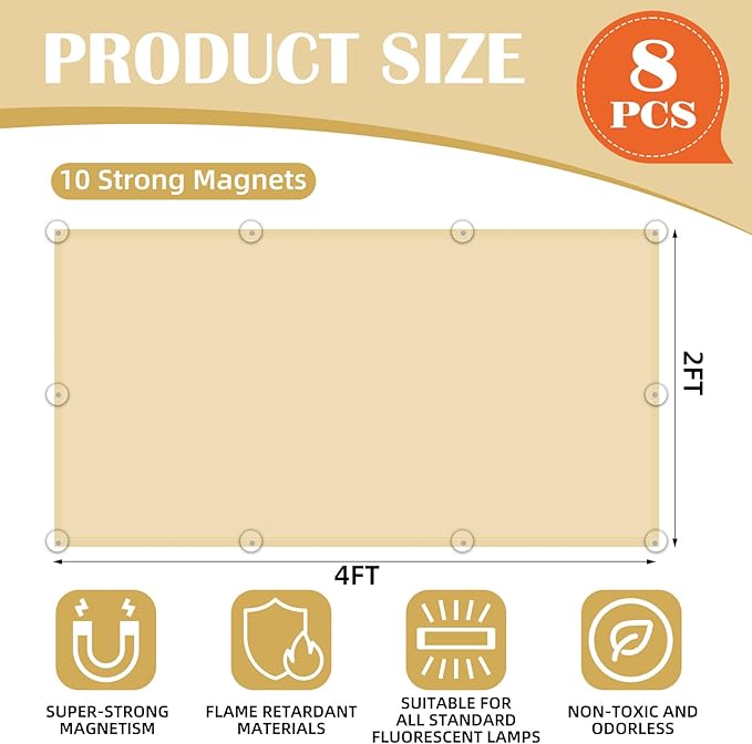 8 Pcs Fluorescent Light Covers - 4 x 2 Feet Covers for Ceiling Lights, Magnetic Light Filters for Classroom, Office, Hospitals, Home