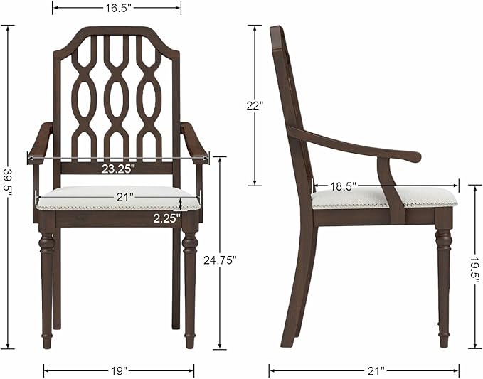 chairus Farmhouse Dining Chairs Set of 2, French Country Vintage Wooden Dining Room Chairs with Arm, Lattice Back & Turned Legs, Rustic Chenille Upholstered Nailhead Trim Kitchen Chairs, Walnut Brown