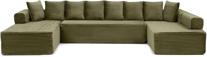 145" Oversized Cloud Boneless Sectional Sofa with Chaise, Corduroy U Shaped Modular Couch with Deep Seat, Fixed Frame Comfy Corner Sofa, No Assembly Required (Green)