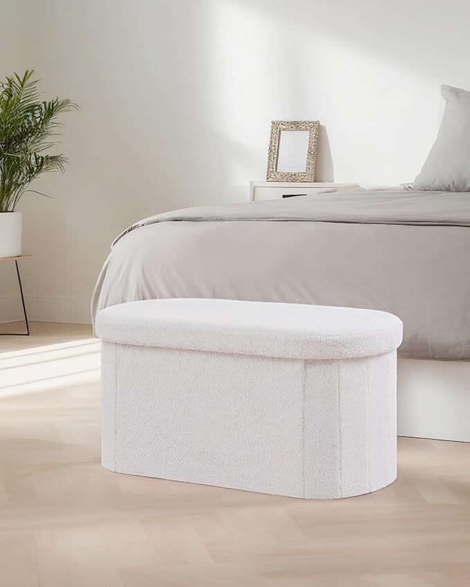 30" Oval Foldable Ottoman with Storage, Teddy Boucle Fabric Footrest, Storage Bench for Living Room, Bedroom, Entryway, Dorm, White