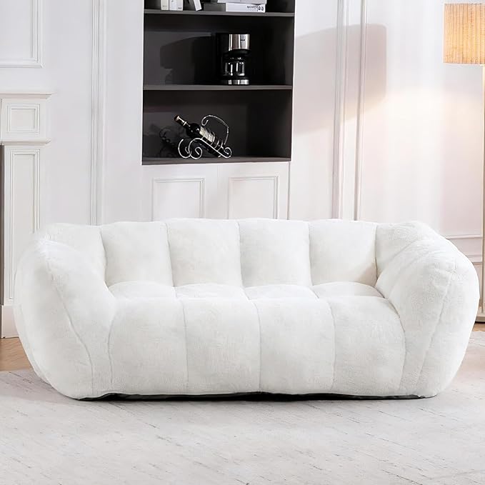 Bean Bag Chair, Giant Bean Bag Chairs for Adults Kids, Fluffy Loveseat Bean Bag Sofa with Armrest, Ultra Soft Love Seat Small Sofa Couch, Faux Fur Floor Chair for Living Room Bedroom, Beige