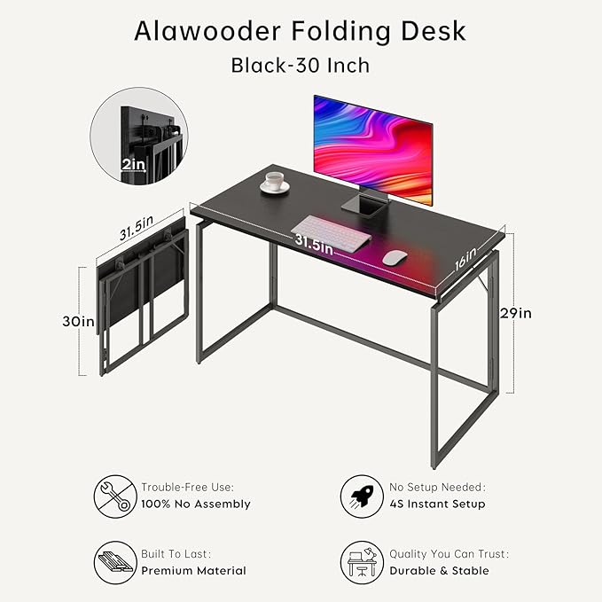 Folding Desk - 31.5" Wood Top Foldable Desk for Small Spaces | No Assembly Required Compact Desk for Home Office, Writing, and Study