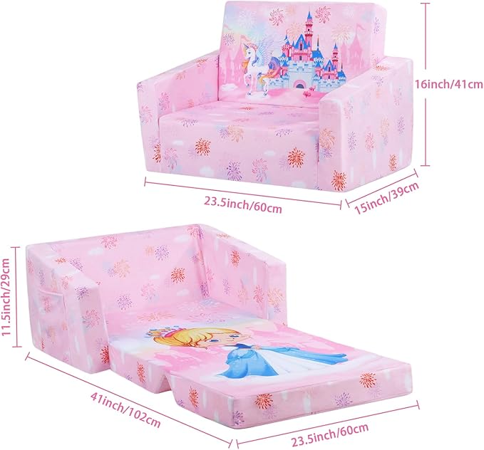 decalsweet Foldable Kids Sofas Couch 2 in 1 Children Convertible Sofa to Lounger Flip Open Toddlers Sofa Bed