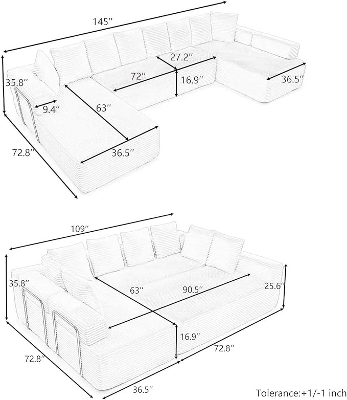 145" Oversized Cloud Boneless Sectional Sofa with Chaise, Corduroy U Shaped Modular Couch with Deep Seat, Fixed Frame Comfy Corner Sofa, No Assembly Required (Beige)
