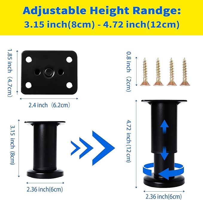 Olldag 6 Pcs Adjustable Height Furniture Support Legs [with Screws] 3.15-4.72 inch, Metal Heavy Duty Furniture Replacement Legs for Chair/Bed/Sofa/Cabinet/Couch/Dresser/Bed/Table (Black)
