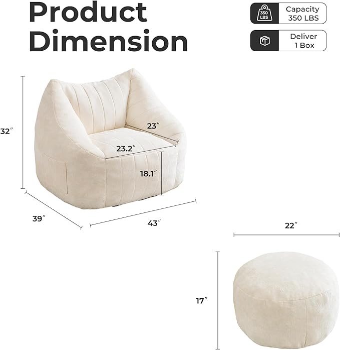 Giant Bean Bag Chair with Ottoman for Adults, Oversized Bean Bag with Filling Plush Fluffy,BeanBag Floor Sofa Chair with with Back Support for Living Room, Bedroom, Reading, Lvory