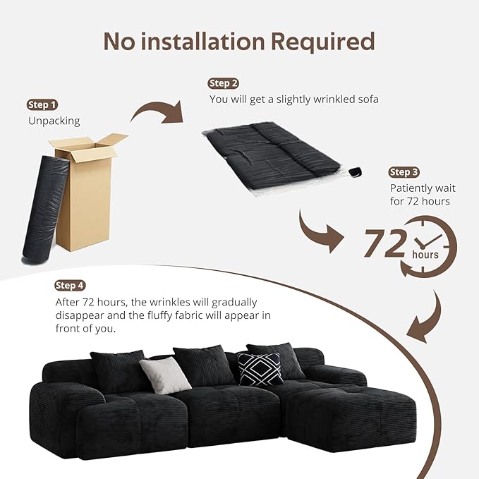 Aosaifen Modern L-Shaped Modular Sectional Sofa for Living Room，Oversized 3-Seater Couch with Deep Seat and Movable Ottoman – No Assembly,Comfortable Corduroy Fabric Boneless Sofa(Dark Gray) (Black)