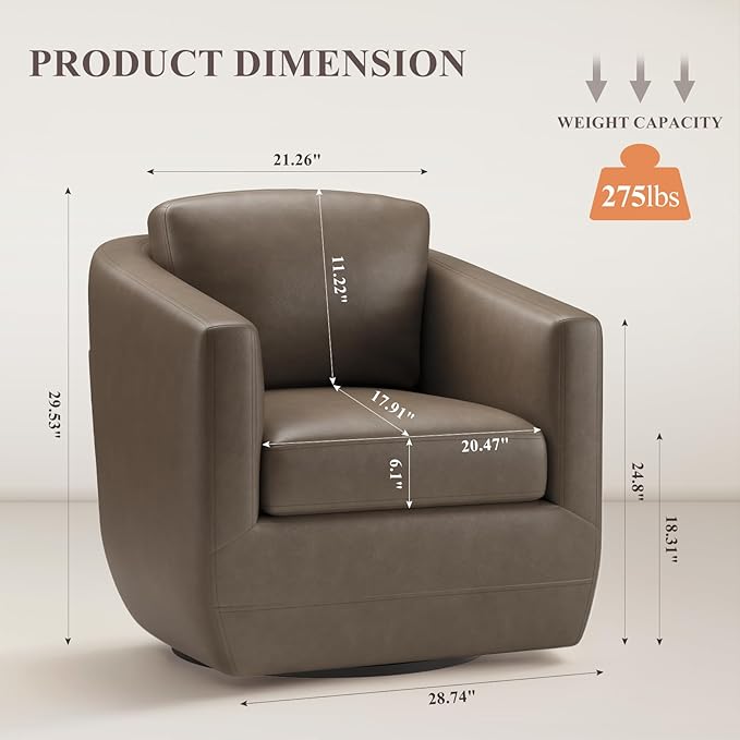 MALOL 360° Comfy Swivel Accent Armchair with Pillow - Fully Assembled Living Room Single Sofa No-Sag Foam & Sturdy Metal Base, Swivel Accent Chair for Bedroom Living Room, Office, Grey