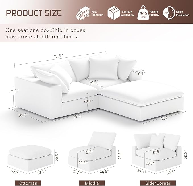 Forest aesthetics Modular Sectional Cloud Sofa Couch,L Shape 2 Seaters with Chaise Modern Down Filled Sofas Detachable Couch Cushion Covers Couches for Living Room Office Apartment,White